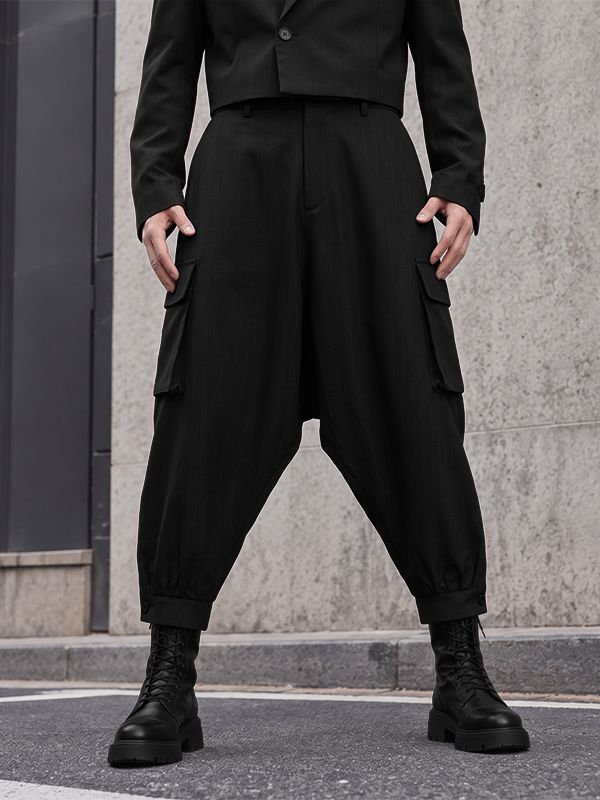 Men's Avant-Garde Deconstructed Stage Runway Drop-Crotch Pleated Slit Hem Harem Pant SKUL86786