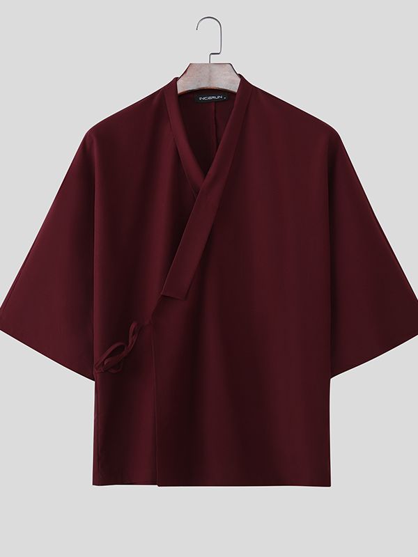 Men's Solid Color Asymmetric Placket 3/4 Length Sleeve Cardigan SKUL50533