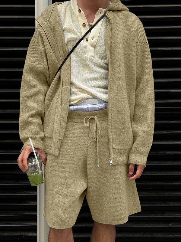 Men's Knit Textured Hooded Two Piece Outfit SKUL43933