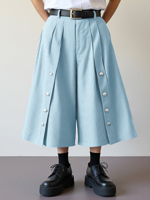 Men's Striped Button Casual Cropped Short SKUL23560