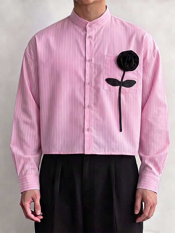 Men's Romantic Avant-Garde 3D Rose Appliqué Cropped Pinstripe Mandarin Collar Shirt SKUL79629