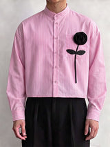 Men's Romantic Avant-Garde 3D Rose Appliqué Cropped Pinstripe Mandarin Collar Shirt SKUL79629