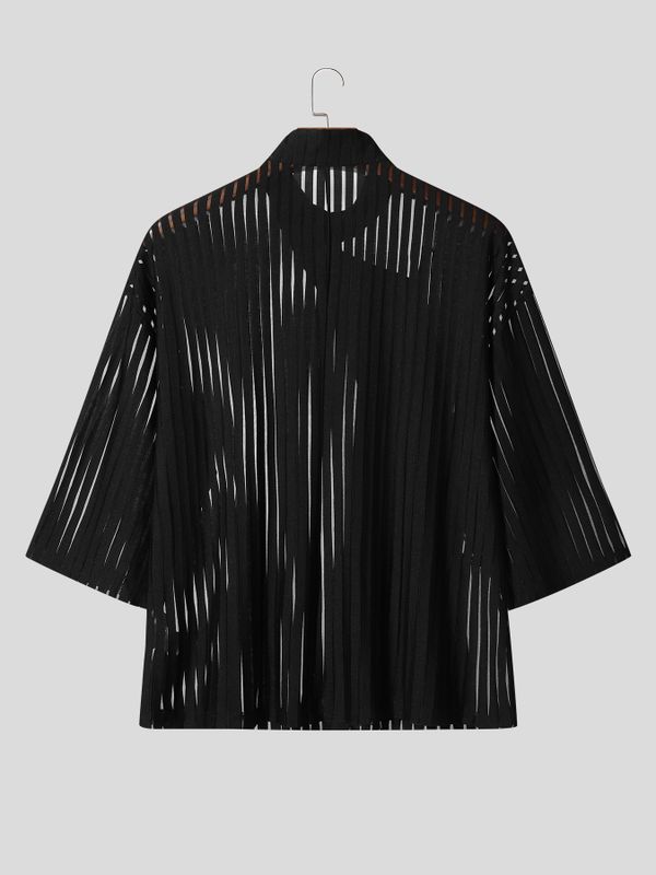 Men's Striped Sheer Frog Button Short Sleeve Shirt SKUL55428