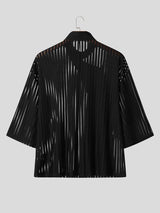 Men's Striped Sheer Frog Button Short Sleeve Shirt SKUL55428