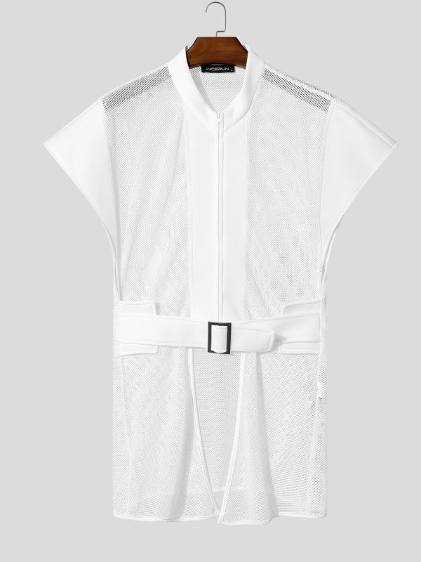 Men's Avant-Garde Strong-Shoulder Mesh-Panel Tactical Belted Techwear Waistcoat SKUL54772