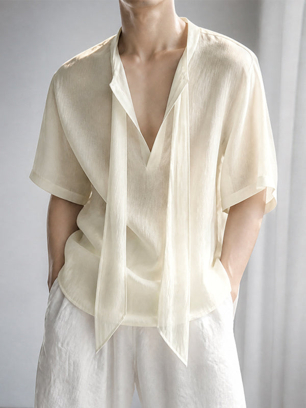 Men's French Romanticism Integrated Hanging Ribbon Drapes Deep V-Neck Shirt SKUL74831