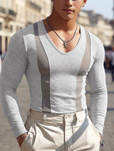 Men's Early Autumn Urban Casual Sheer Mesh Patchwork Deep V-Neck Muscle Fit Long Sleeve V-Neck T-shirt SKUL83997