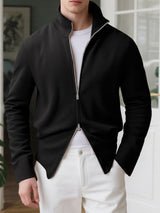 Men's Solid Color Textured Double Zipper Long Sleeve Cardigan SKUL25965