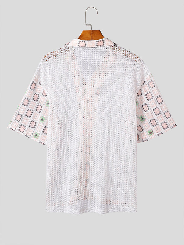 Mens Windowpane Pattern Sheer Short Sleeve Shirt SKUK68859