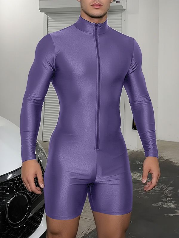 Men's Solid Color Glossy Half High Neck Long Sleeve Bodysuit SKUL37303