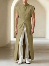 Men's Avant-Garde Sleeveless Mandarin Collar Floor-Length Split Tunic Cardigan SKUL61914