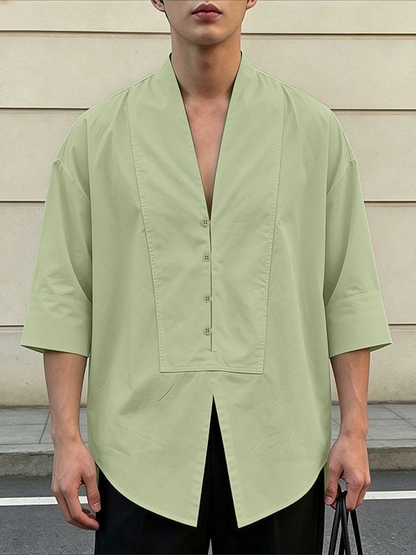 Men's Avant-Garde Zen Deep V-Neck Paneled Boxy Shirt SKUL63976