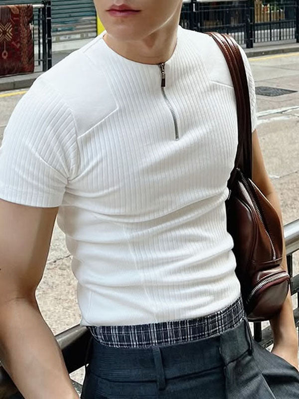 Mens Solid Color Half-Zip Short Sleeve T-Shirt SKUK98843