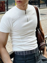 Mens Solid Color Half-Zip Short Sleeve T-Shirt SKUK98843