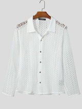 Men's Beach Resort Open Knit Mesh Sheer Long Sleeve Button Down Polo Shirt SKUL73669