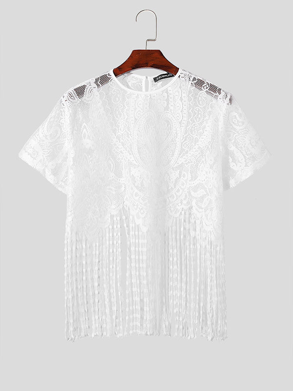 Mens Fringe Lace See Through Crop Top SKUK54943