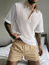 Men's Vintage Casual Stripe Contrast Mesh Two Pieces Outfit SKUL70356