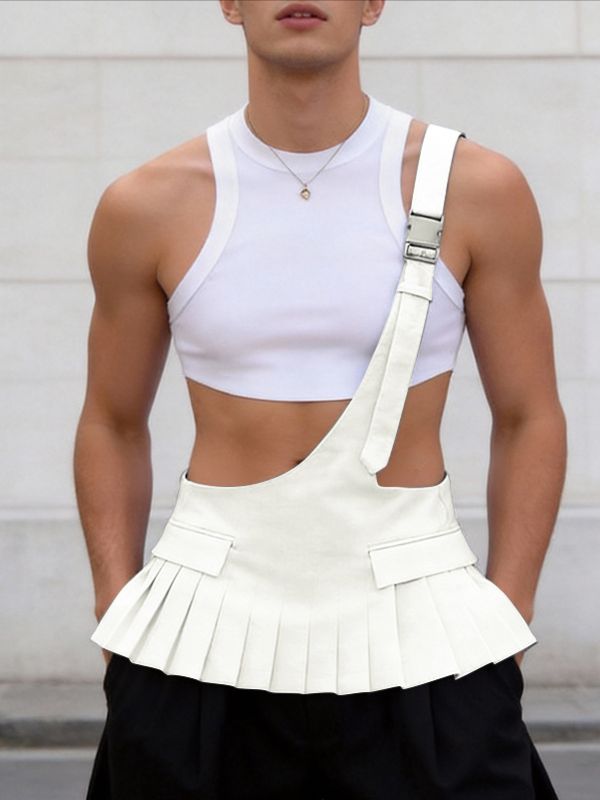 Men's Avant-Garde Asymmetric One-Shoulder Buckle Strap Pleated Peplum Skirt SKUL62715