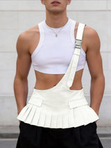 Men's Avant-Garde Asymmetric One-Shoulder Buckle Strap Pleated Peplum Skirt SKUL62715