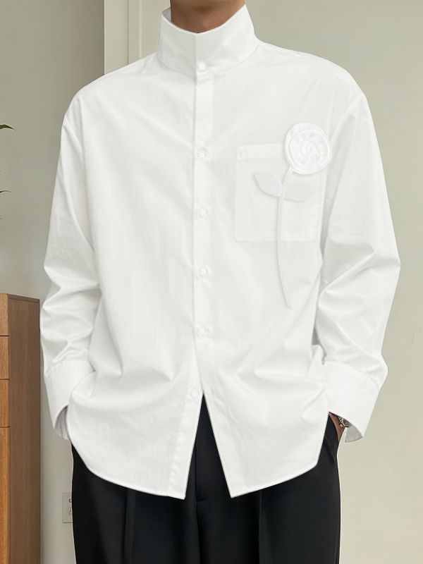 Men's Solid Color 3D Floral Patchwork Stand Collar Long Sleeve Shirt SKUL42665