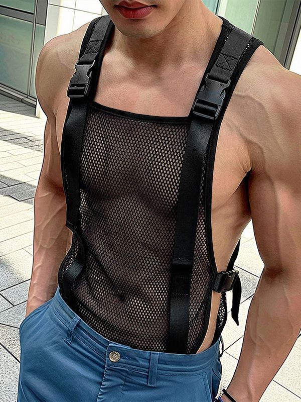 Men's Avant-Garde Tactical Buckle Harness Sheer Mesh Sideless Tank SKUL63046