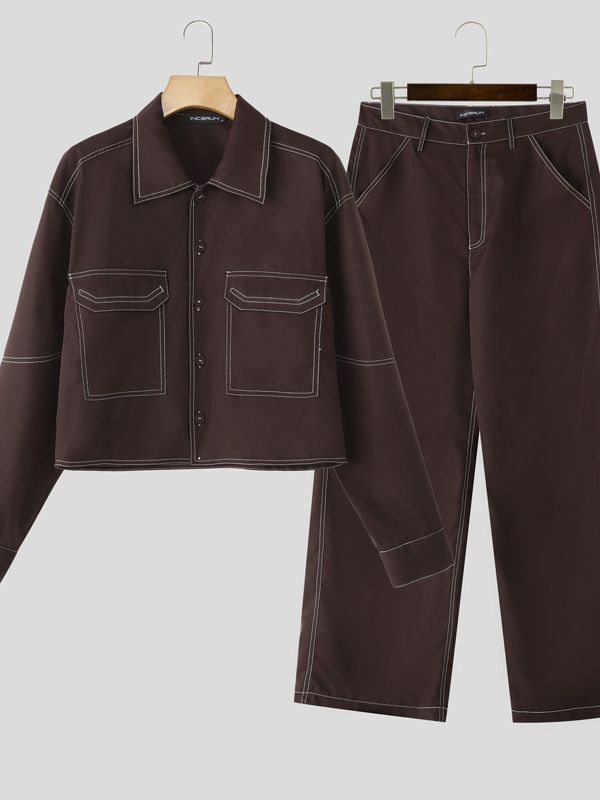 Men's Color Block Line Casual Two Pieces Outfit SKUL30577