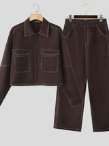 Men's Color Block Line Casual Two Pieces Outfit SKUL30577