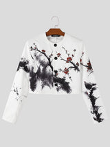 Men's Avant-Garde Gallery Plum Blossom Ink Print Collarless Structured Shoulder Long Sleeve Cropped Blazer SKUL79642