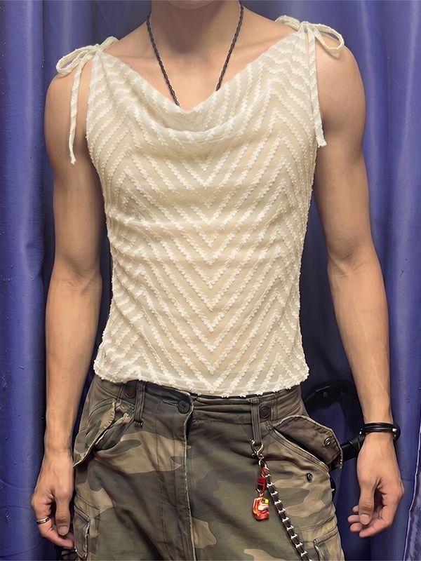 Men's Genderless Y2K Chevron Sheer Tie Strap Cowl Neck Slim Fit Tank SKUL72486