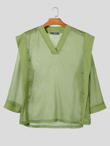 Men's Unisex Avant-Garde Architectural Sheer Organza V-Neck Strong-Shoulder T-shirt SKUL60205