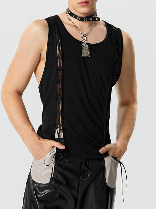 Mens Solid Lace-Up Crew Neck Sleeveless Vest SKUK29276