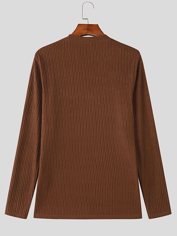 Men's Solid Color Textured V Neck Long Sleeve T-shirt SKUL47617