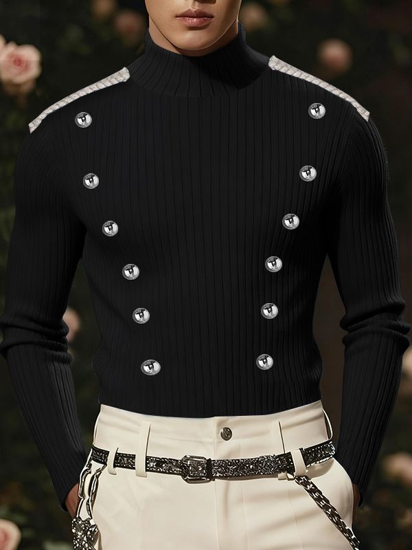 Men's Metal Buckle Decor High Neck Knitted Long Sleeve Sweater SKUL39035