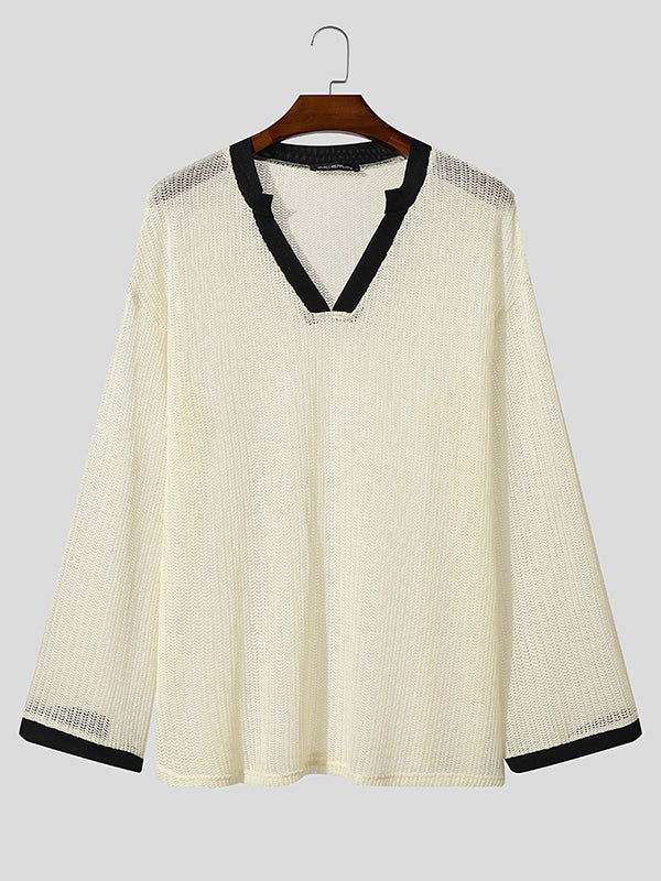 Men's Semi-Sheer Mesh Colorblock Long Sleeve T-Shirt SKUL25963