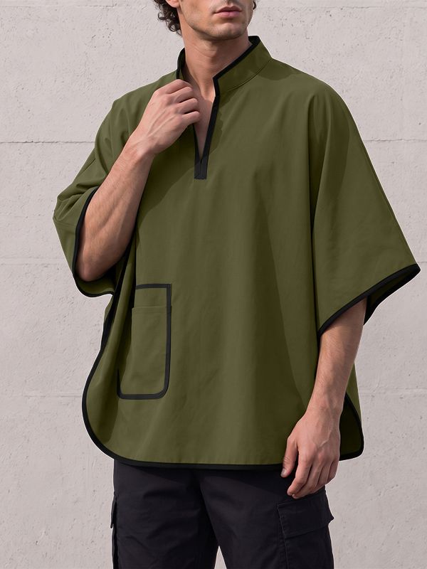 Men's Avant-Garde Resort Contrast Trim Front Pocket Half Sleeve Split Stand Collar Shirt SKUL79047