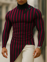 Men's Belt Buckle Patchwork Stripe Contrast Long Sleeve T-Shirt SKUL28409