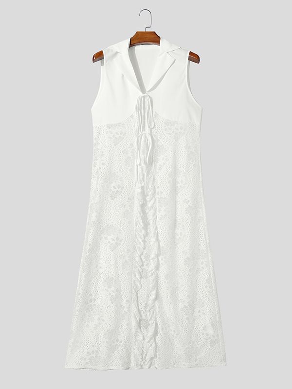 Men's Sheer Lace Patchwork Sleeveless Cardigan SKUL38958