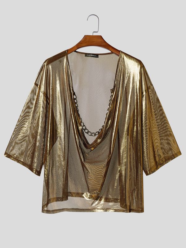 Men's Y2K Liquid Metal Avant-Garde Drape Cowl Neck T-shirt SKUL70453