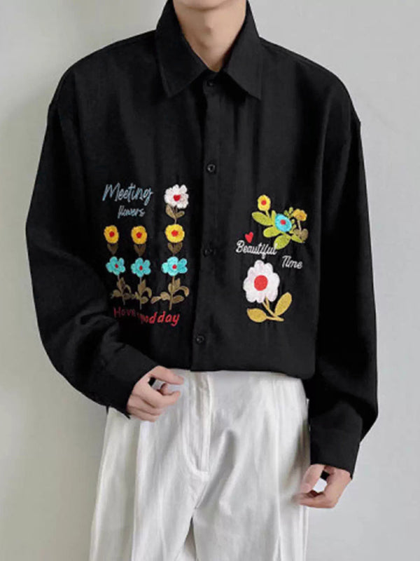 Men's Floral Embroidered Textured Long Sleeve Shirt SKUL29774