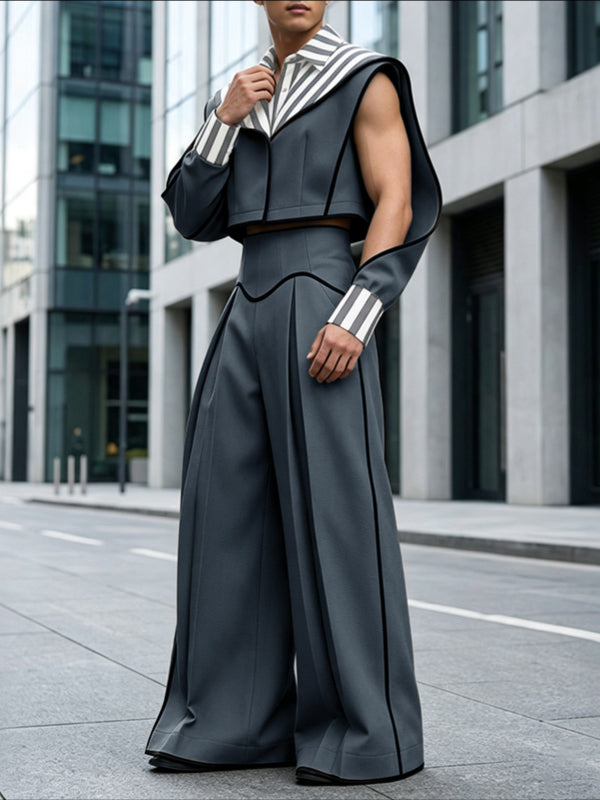 Men's Avant-Garde Architectural Split-Sleeve Cropped Two Pieces Outfit SKUL78019
