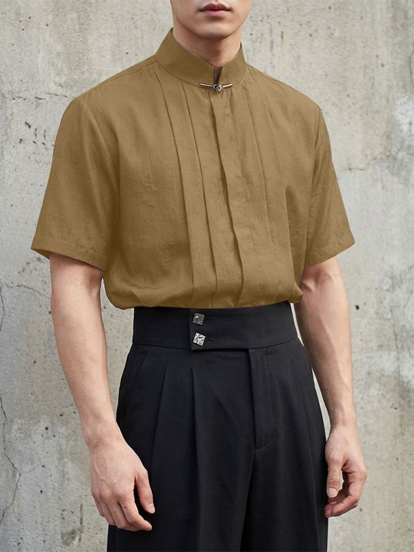Men's Solid Color Pleated Stand Collar Short Sleeve Shirt SKUL56231