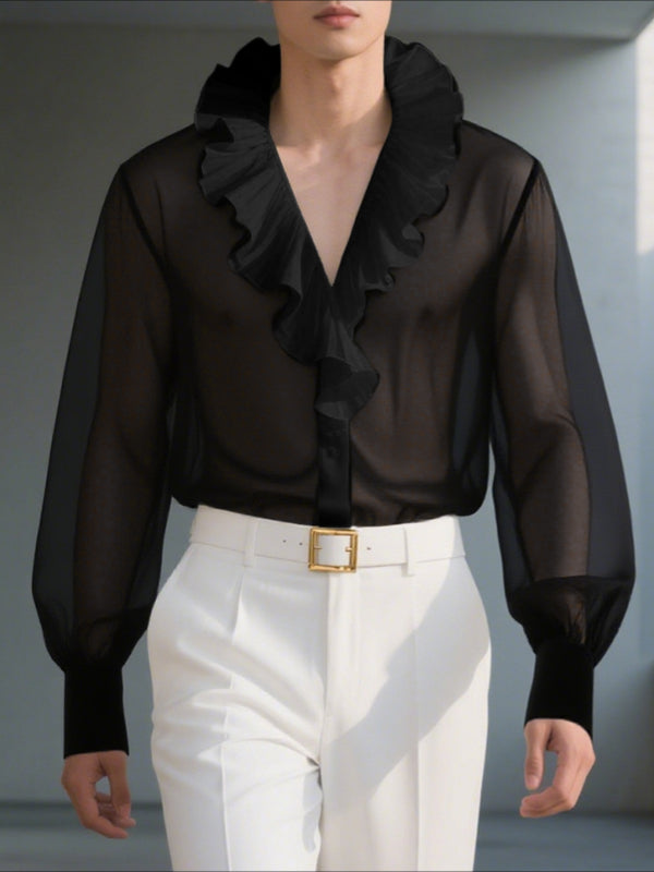 Men's Semi-Sheer Ruffled Long Sleeve Shirt SKUL30657