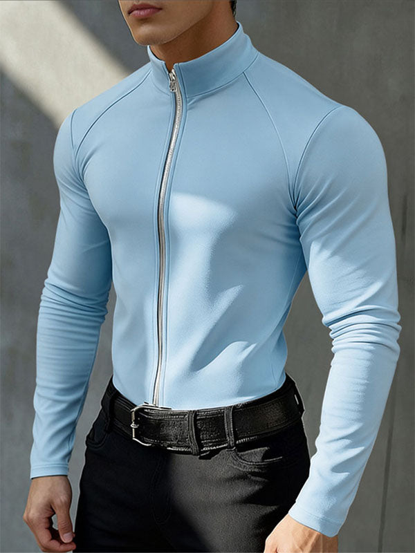 Men's Solid Color Zip Long Sleeve T-Shirt SKUL42367