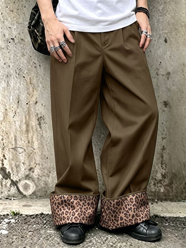 Men's Retro High Street Leopard Turn-Up Cuff Pleated Full Length Wide Leg Pant SKUL79225