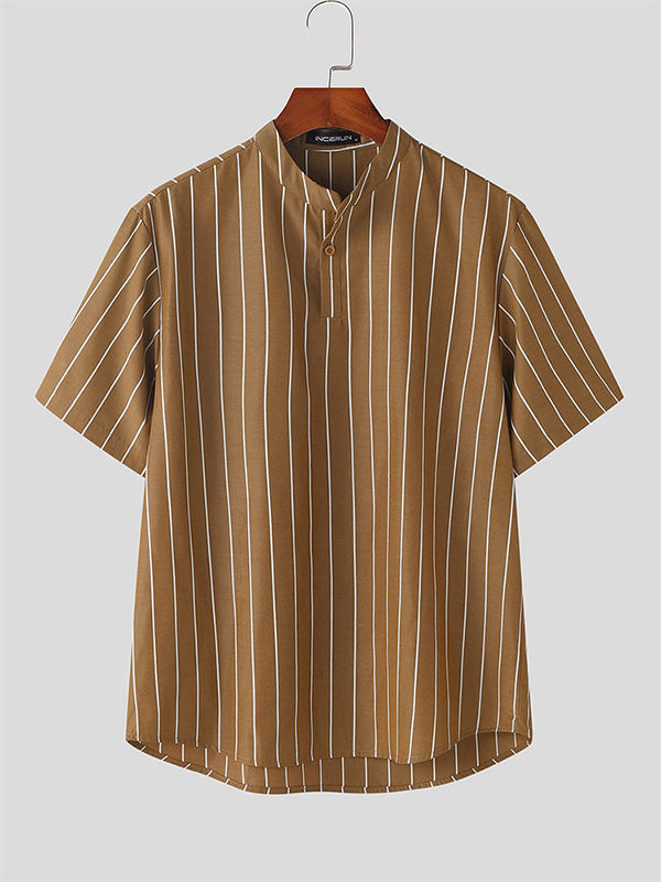 Mens Striped Stand Collar Short Sleeve T-Shirt SKUK74697