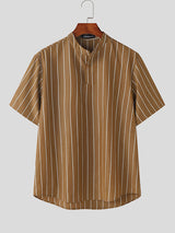 Mens Striped Stand Collar Short Sleeve T-Shirt SKUK74697