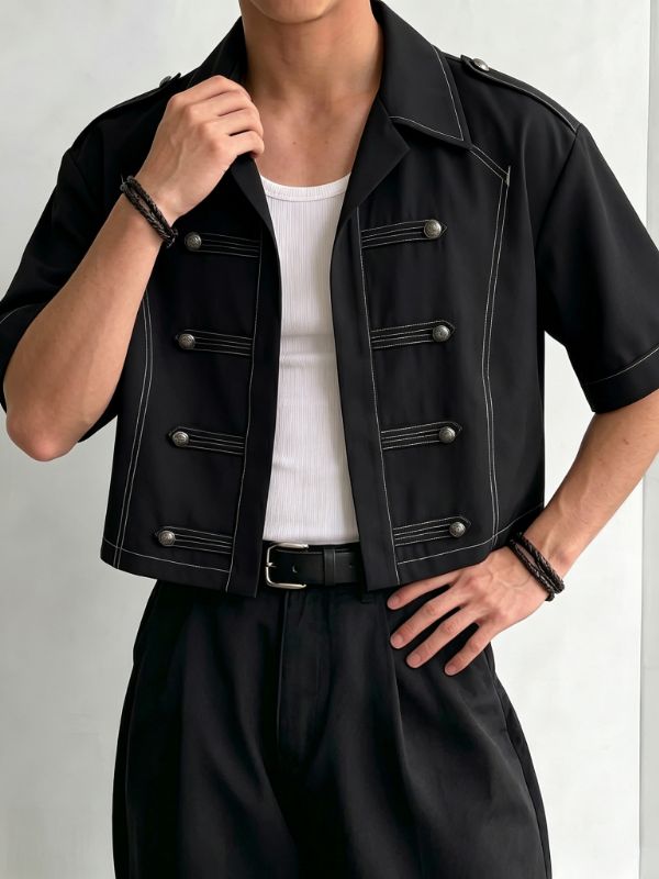Men's Vintage Military Style Contrast Stitching Frogged Button Cropped Short Sleeve Shirt SKUL77316
