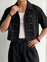 Men's Vintage Military Style Contrast Stitching Frogged Button Cropped Short Sleeve Shirt SKUL77316