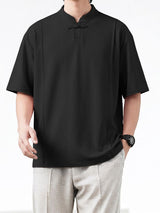 Men's Minimalist Casual Frog Button Stand Collar Short Sleeve Shirt SKUL62087