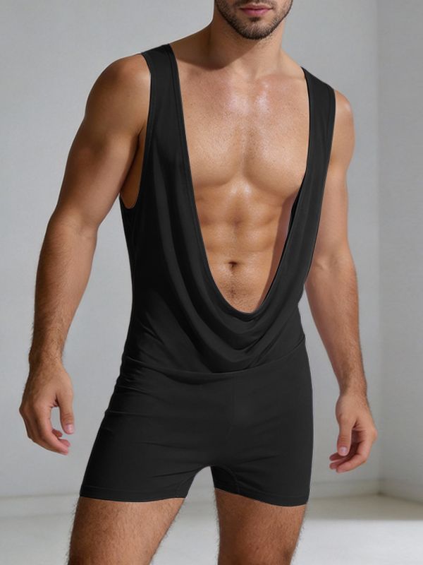 Men's Solid Color Knit Draped Neck Boxer Bodysuit SKUL57719